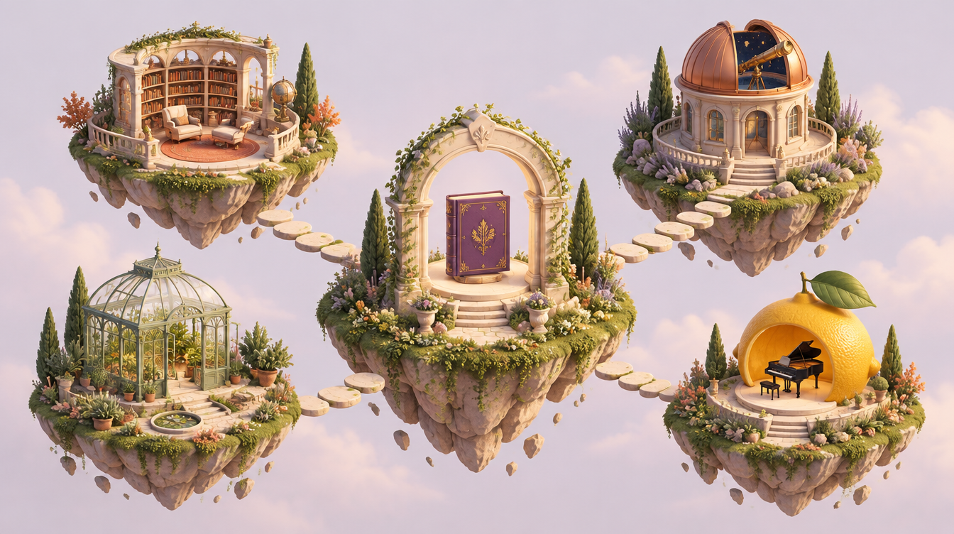 Floating memory gardens with a library, observatory, greenhouse, and a lemon piano